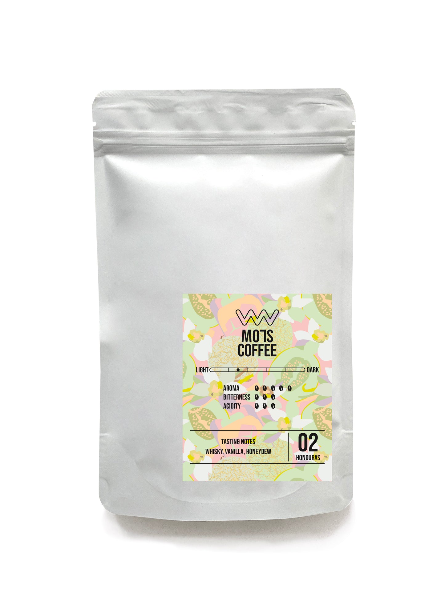 A rich cup of MO7S No.02 coffee with a whisky-forward aroma, vanilla warmth, and honeydew brightness.