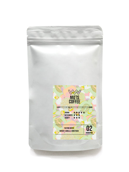 A rich cup of MO7S No.02 coffee with a whisky-forward aroma, vanilla warmth, and honeydew brightness.