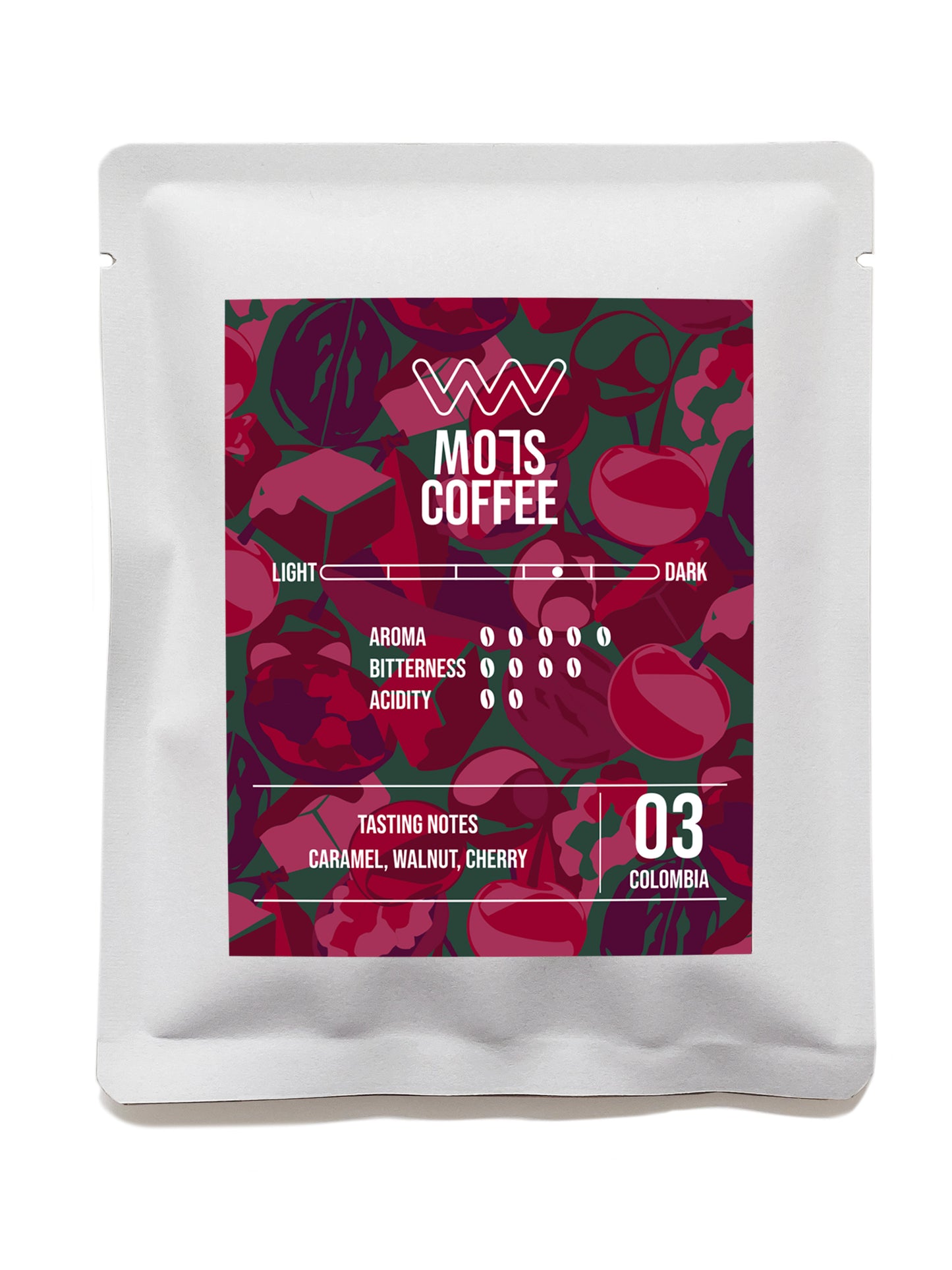 A cup of MO7S No.03 coffee with caramel sweetness, walnut richness, and cherry brightness.
