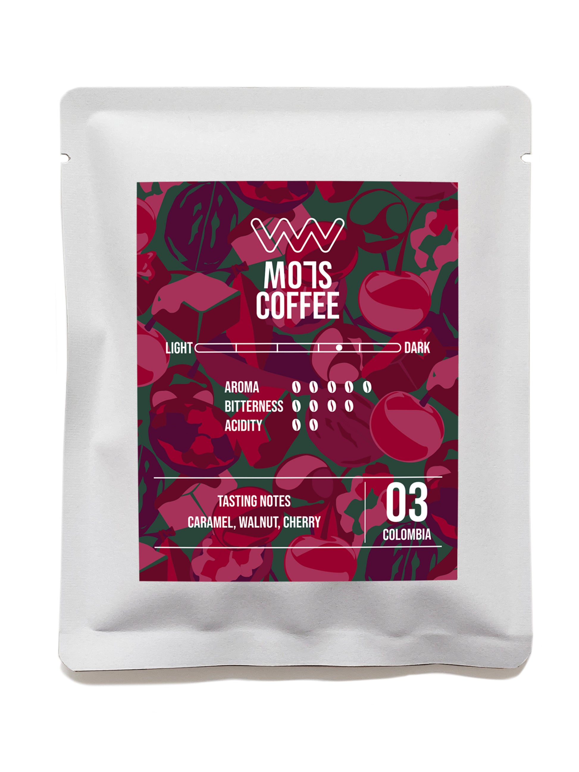 A cup of MO7S No.03 coffee with caramel sweetness, walnut richness, and cherry brightness.