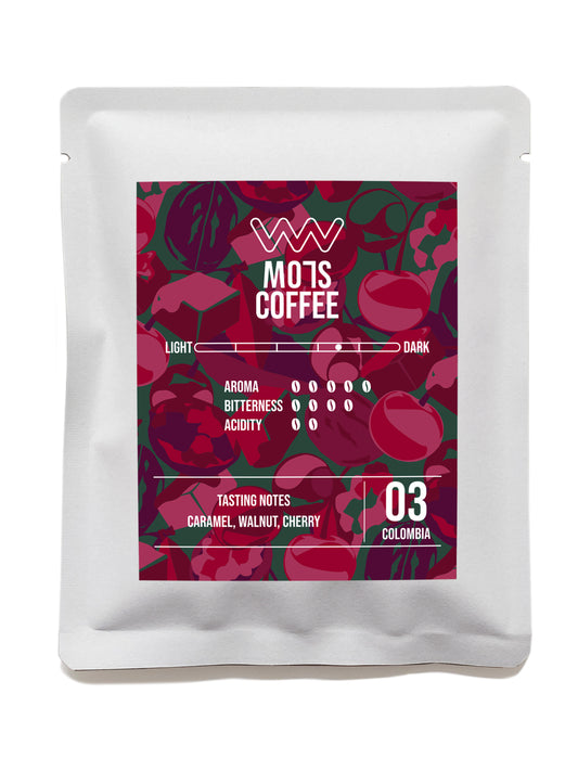 A cup of MO7S No.03 coffee with caramel sweetness, walnut richness, and cherry brightness.