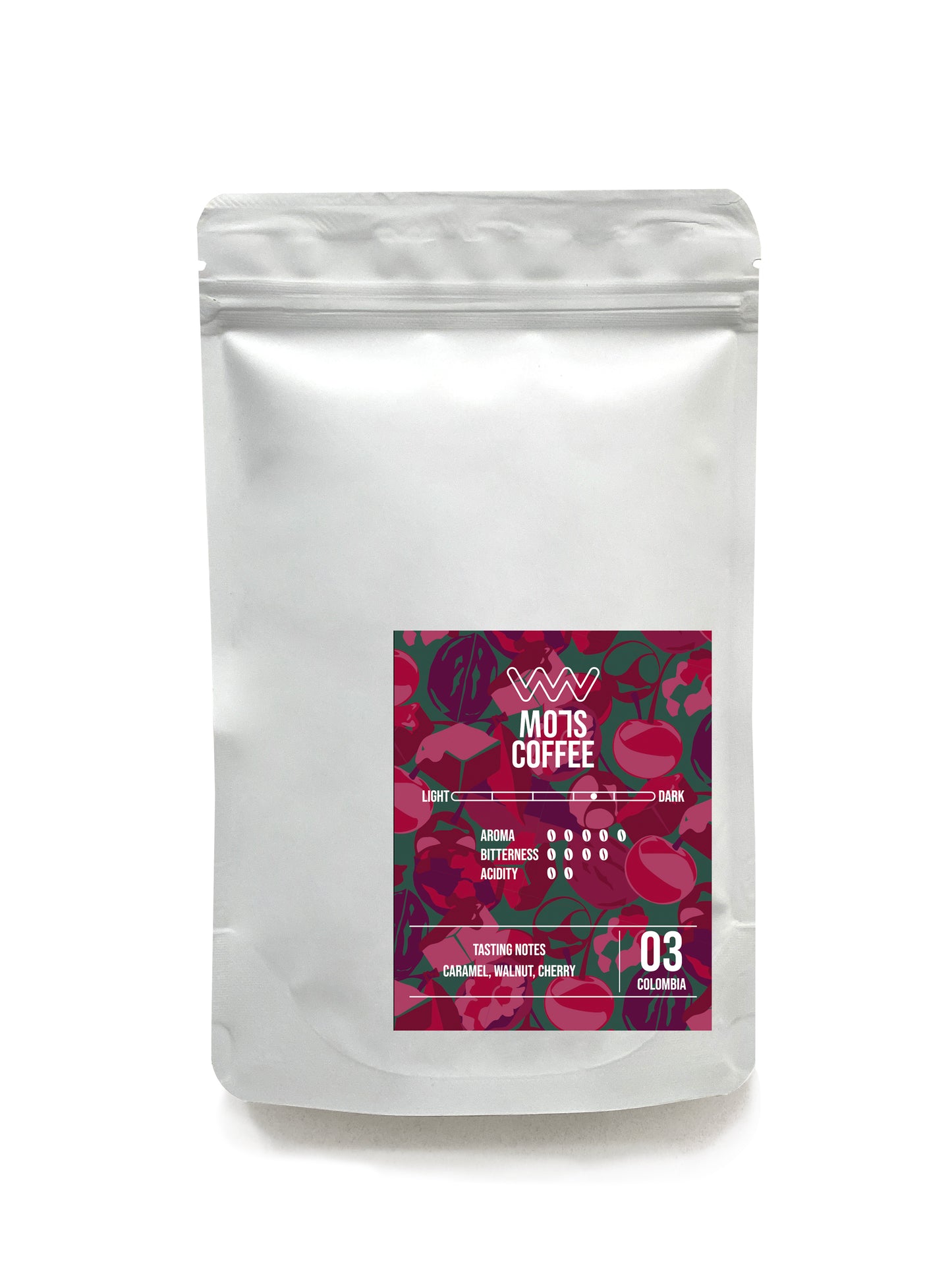 A cup of MO7S No.03 coffee with caramel sweetness, walnut richness, and cherry brightness.