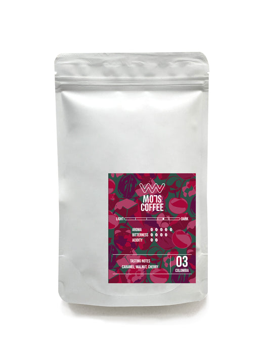 A cup of MO7S No.03 coffee with caramel sweetness, walnut richness, and cherry brightness.