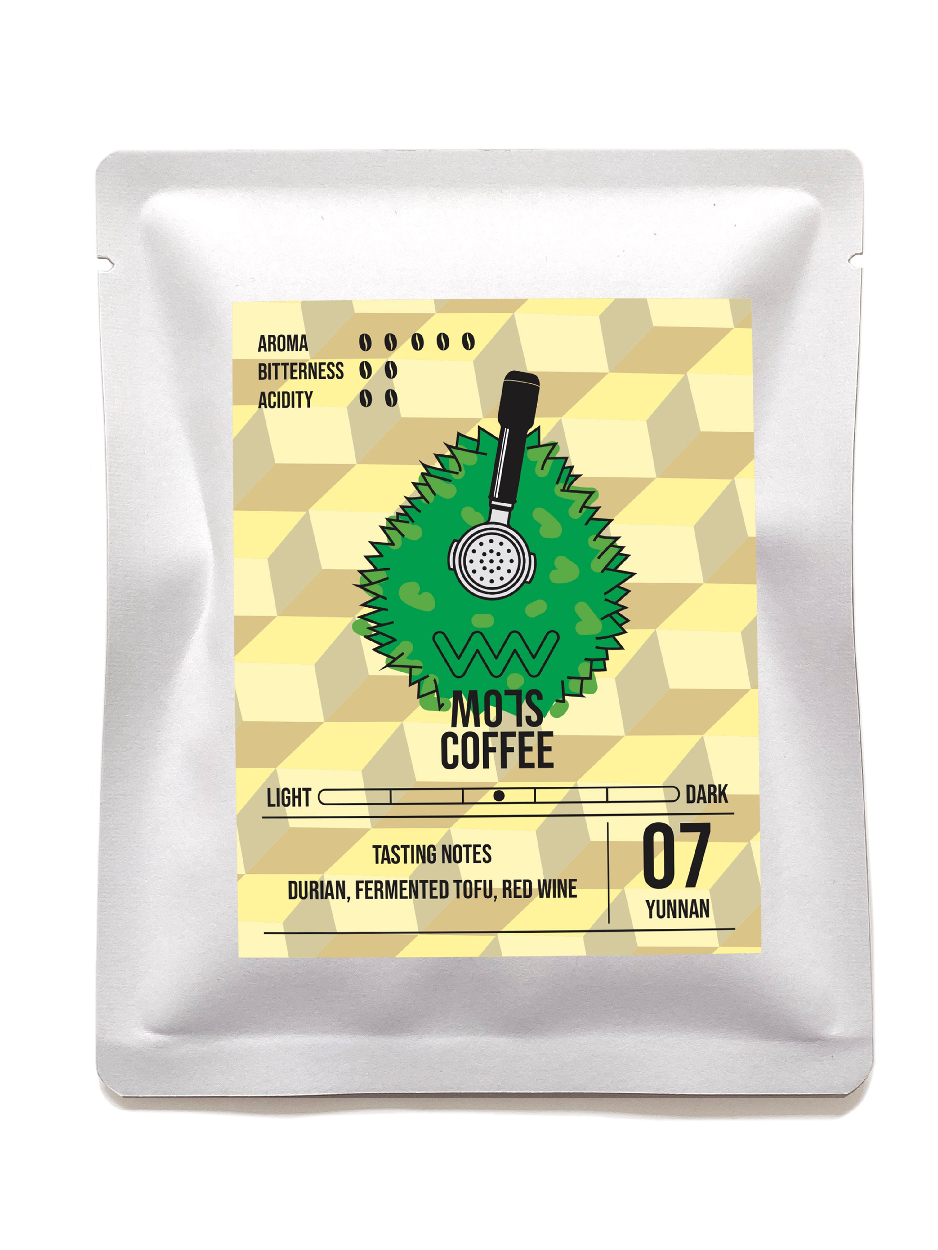 A cup of MO7S No.07 coffee with bold durian flavor, fermented tofu complexity, and a subtle red wine finish.